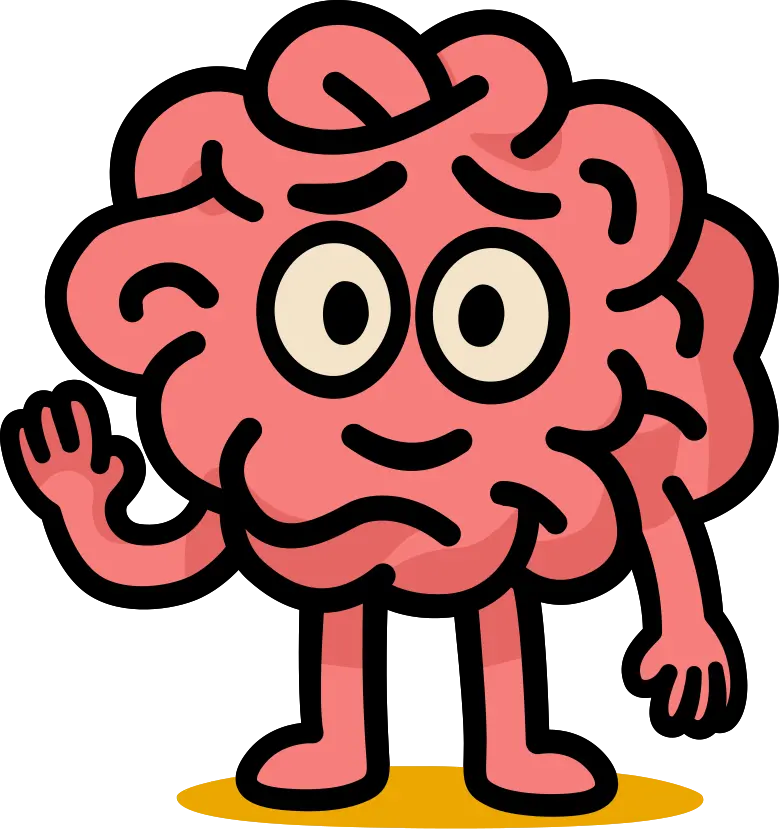 Brian, the Scrambled Brain mascot — a pink cartoon brain waving hello